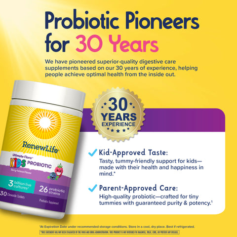 View 6 Product highlights graphic stating Kid-Approved Taste: Tasty, tummy-friendly support, Parent-Approved Care: High-quality probiotic, purity and potency.
