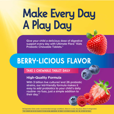 View 3 Product highlights graphic stating Kids Probiotic, BERRY-LICIOUS, digestive support. 3 billion cultures¹ and 26 strains, easy daily.