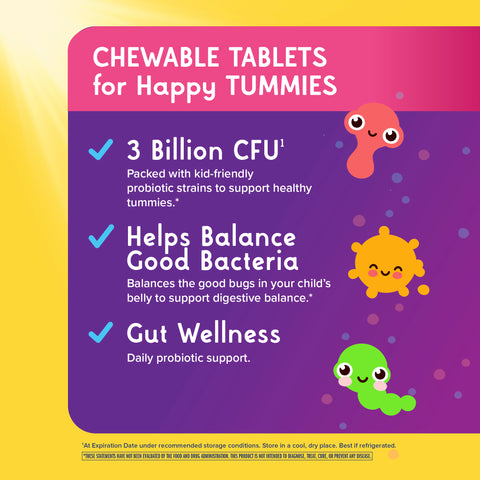 View 4 Product highlights graphic stating 3 Billion CFU¹ for healthy tummies, Balances Good Bacteria for digestion, Gut Wellness support.