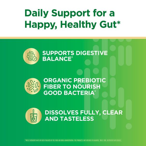 View 4 Product highlights graphic stating SUPPORTS DIGESTIVE BALANCE*, ORGANIC PREBIOTIC FIBER TO NOURISH GOOD BACTERIA*, DISSOLVES FULLY, CLEAR AND TASTELESS