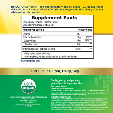 View 2 RN Completely Clear Organic Prebiotic Fiber powder, 7 oz (198 g), for digestive health.