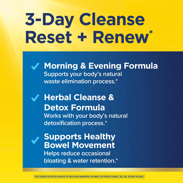 View 4 Product highlights graphic stating Morning & Evening Formula, Herbal Cleanse & Detox Formula, Supports Healthy Bowel Movements.