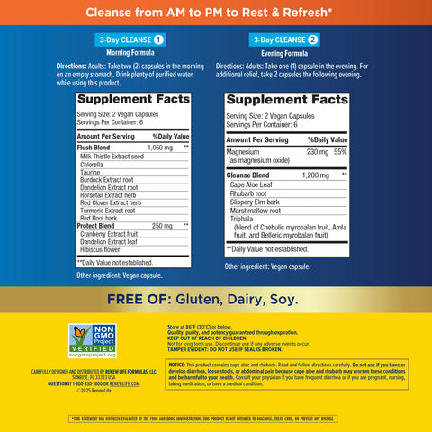View 2 Infographic of 3-Day Cleanse formulas with Supplement Facts, directions, and labels: Gluten Free, Dairy Free, Soy Free, Non-GMO.