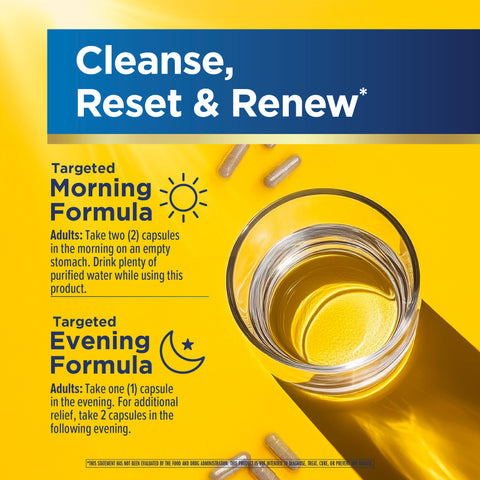 View 3 Product highlights graphic stating Cleanse, Reset & Renew. Morning: 2 capsules empty stomach with water. Evening: 1 or 2 capsules.