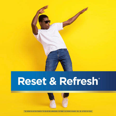 View 5 A young man in sunglasses dances with arms raised on a yellow background, beside a blue banner with 'Reset & Refresh' text.