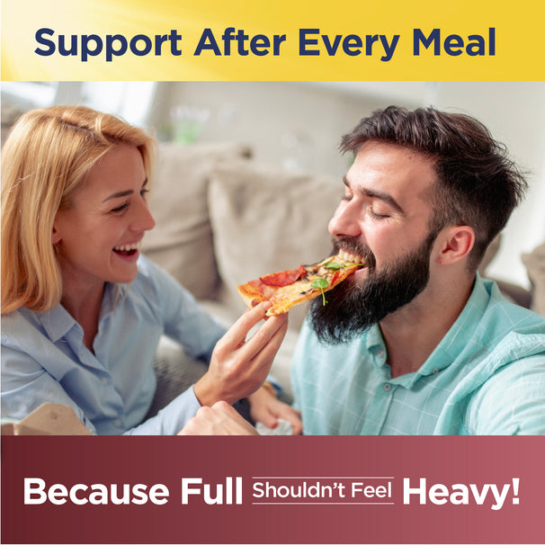 View 6 Young adult woman feeding smiling young adult man pizza; text: 'Support After Every Meal', 'Full Shouldn't Feel Heavy!' for Digestive Enzymes.