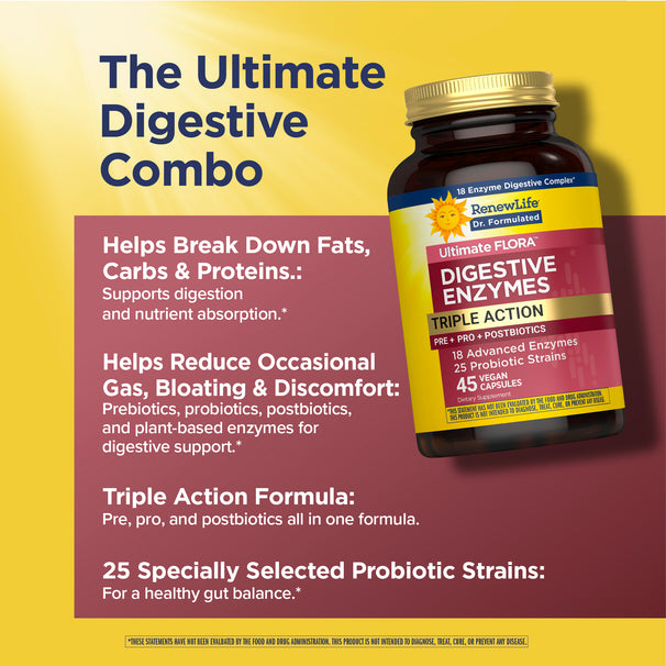 View 4 RenewLife Ultimate FLORA Digestive Enzymes, Triple Action with 18 enzymes and 25 probiotic strains, in 45 vegan capsules.