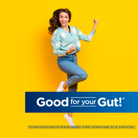 View 6 A joyful young woman jumps and smiles with 'Good for your Gut!' text promoting Probiotic benefits.