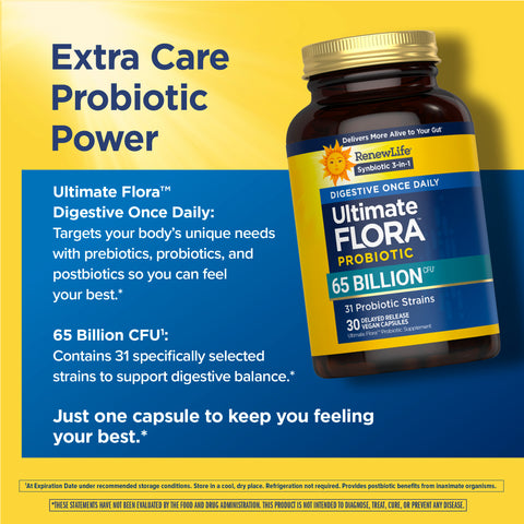 View 4 Ultimate Flora Probiotic, 65 Billion CFU, 31 Strains, 30 DR Caps. Supports digestive balance with pre/pro/postbiotics.