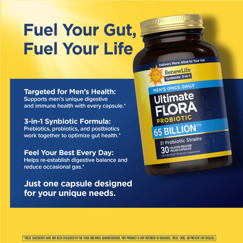 View 4 Ultimate Flora Probiotico Una Volta al Giorno per Uomini 65 Miliardi, 30 Capsule Vegane a Rilascio Ritardato