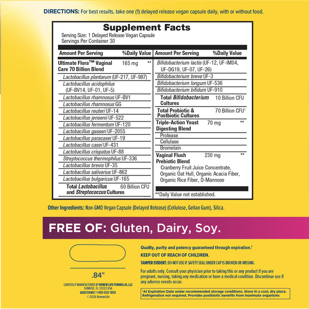 View 2 Supplement Facts panel for Vaginal Care Probiotic 70B, containing 30 capsules.
