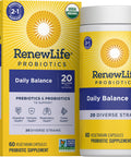 RenewLife Daily Balance Probiotic + Prebiotic features 60 vegetarian capsules with 20 billion CFU and 20 diverse strains.