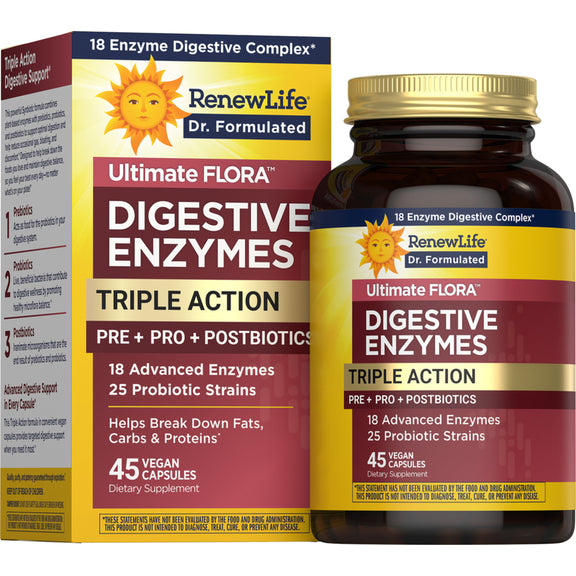 Digestive Enzymes Triple Action Pre + Pro + Postbiotics, 45 Vegan Capsules
