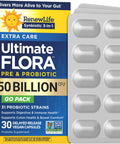 RenewLife Ultimate FLORA Extra Care Pre & Probiotic 50 Billion CFU GO PACK, with 30 delayed release vegan capsules.