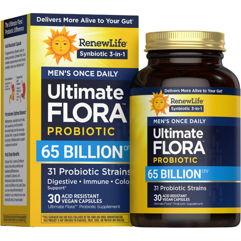 View 1 Ultimate Flora Probiotico da Uomo Once Daily 65 Miliardi, 30 Capsule Vegane Resistenti agli Acidi