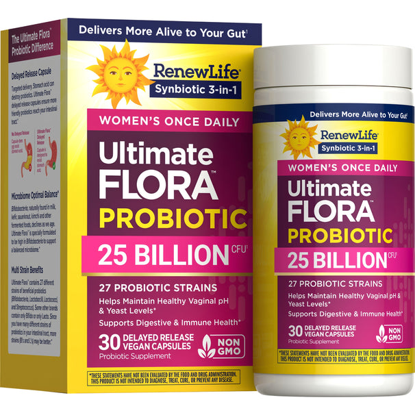 View 1 Ultimate FLORA Probiotic Women's Once Daily includes 25 Billion CFU in 30 vegan, delayed-release, non-GMO capsules.